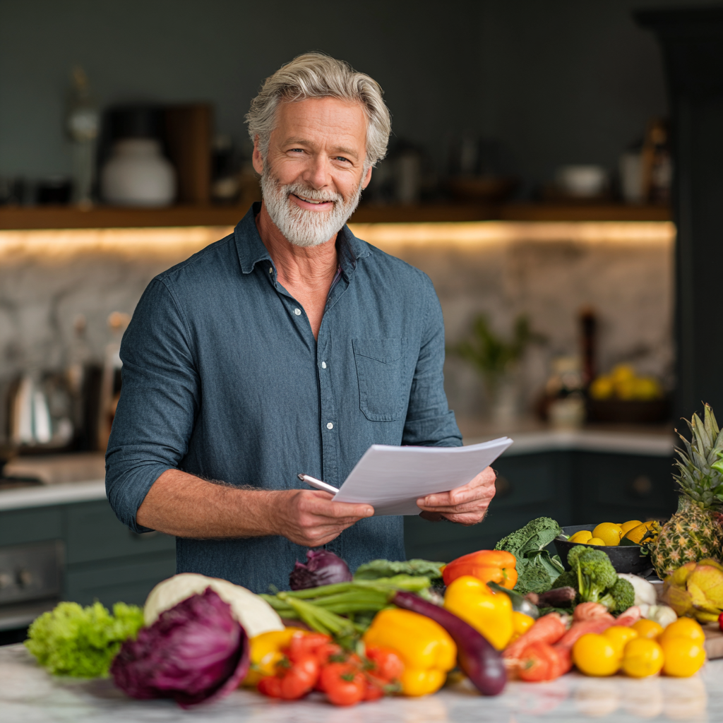 A mature man in his early 50s with grey hair and beard, wearing a casual button-down shirt, standing in a modern kitchen with colorful vegetables and fruits spread across a marble counter, looking satisfied while reviewing a written meal plan with a gentle smile