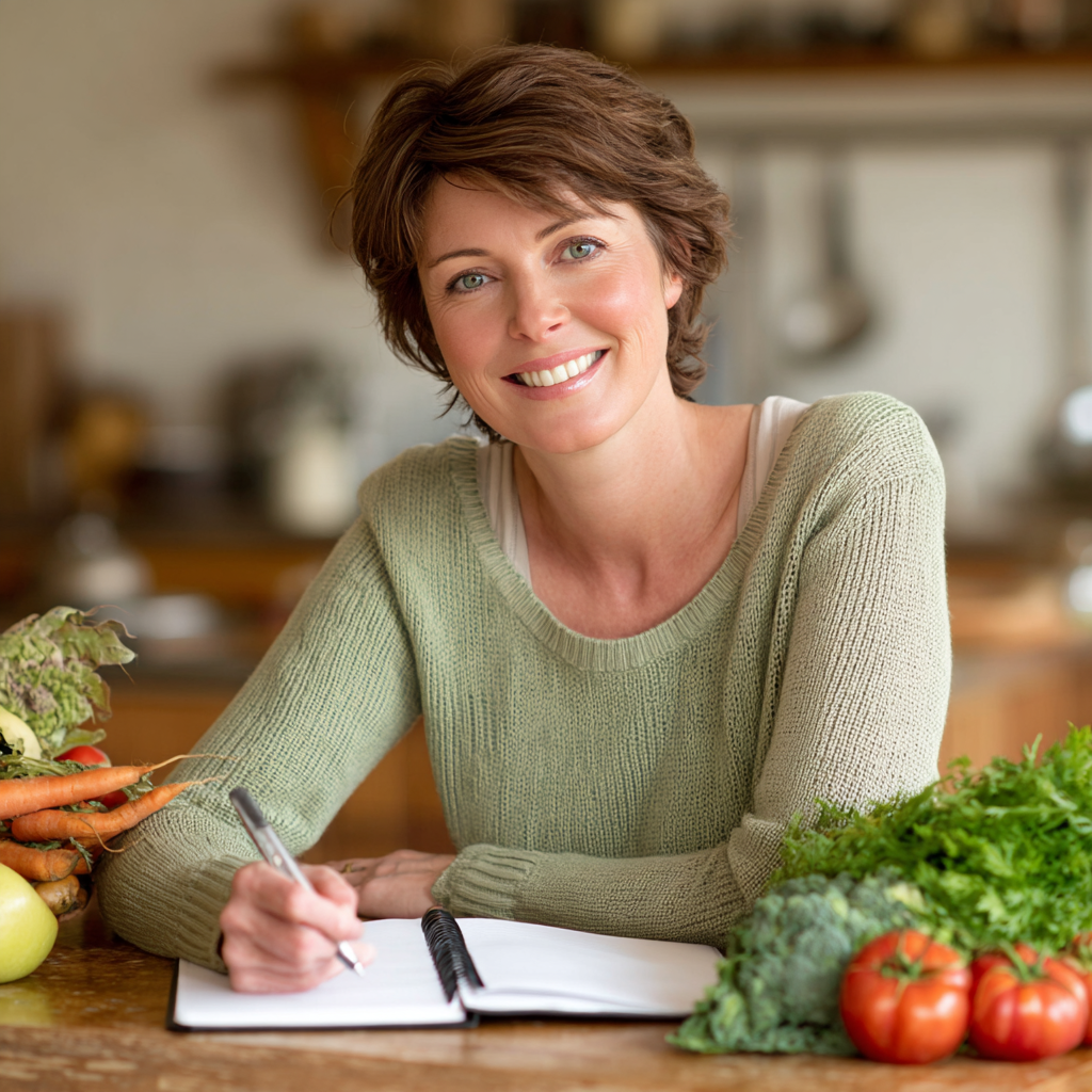 A smiling woman in her late 40s with short brown hair wearing a light green sweater, sitting at a wooden kitchen table with fresh vegetables and a notebook, appearing confident and healthy while planning her weekly meals in natural daylight